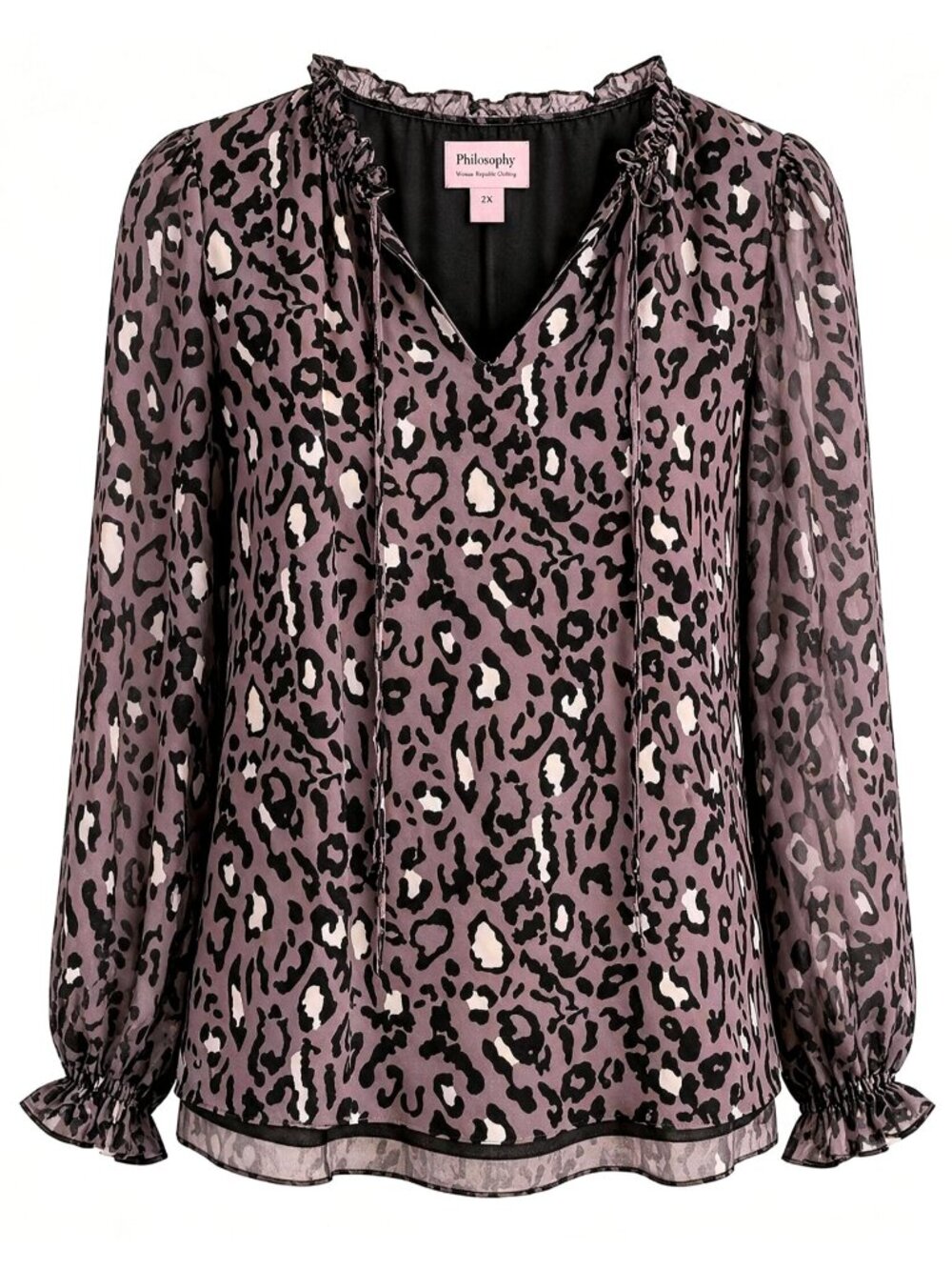 Philosophy Woman 2X Gray Leopard Print Blouse Sheer Sleeves Ruched Tie Neck